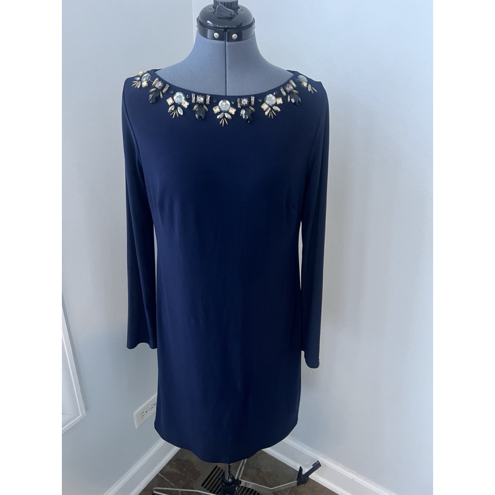 Vince Camuto Sz 10 Blue Embellished Boatneck Neckline Jersey Fabric Long Sleeve